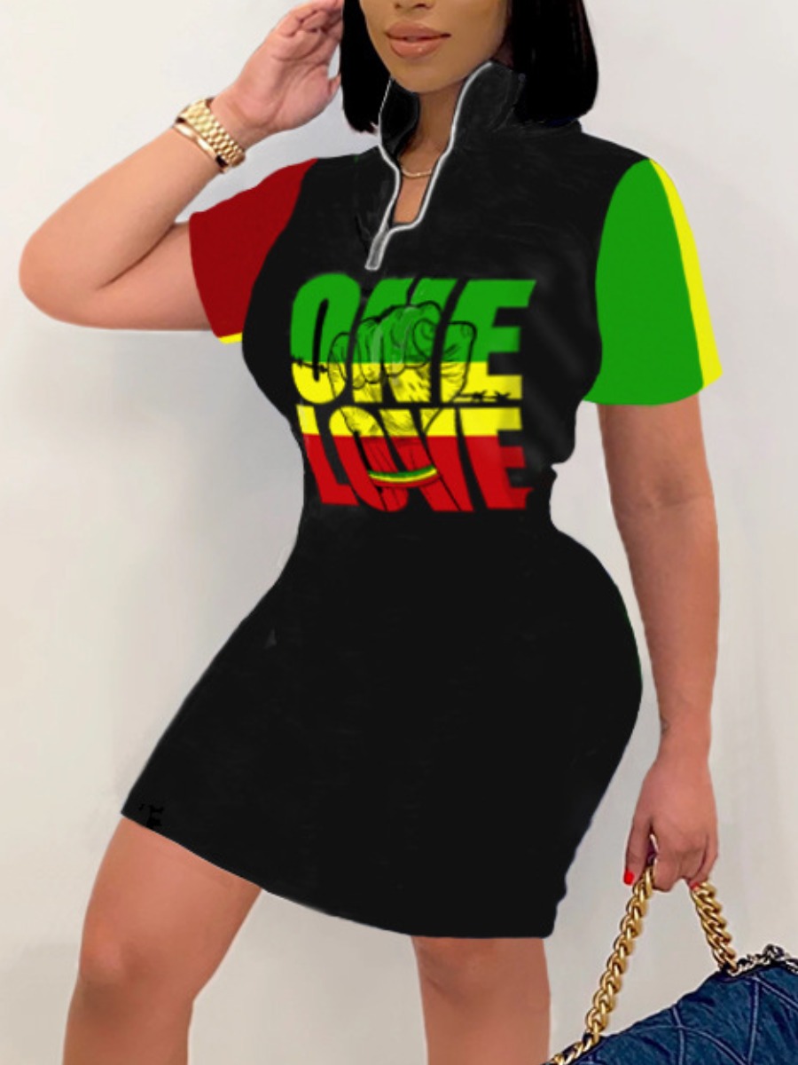 LW Street Letter Print Patchwork Multicolor Mini Dress