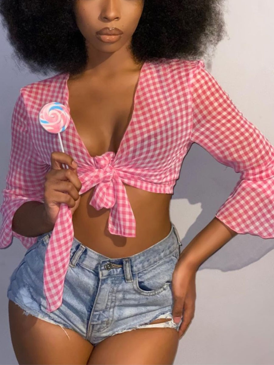 

Lovely Sweet Plaid Print Bandage Design Pink Blouse