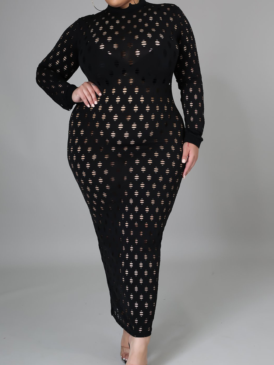 

Lovely Plus Size Sweet Mesh Patchwork Black Ankle Length Dress
