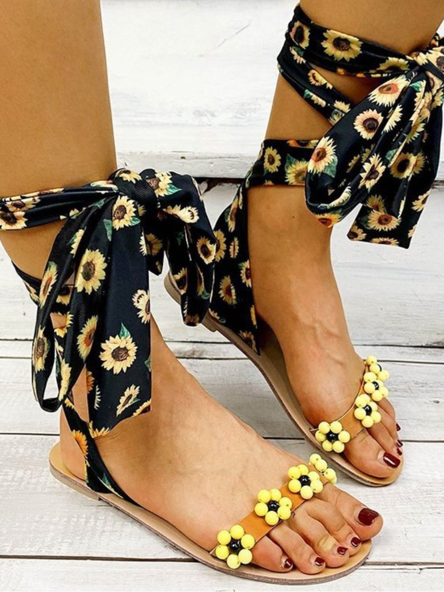 

LW Street Floral Print Bandage Design Yellow Sandals