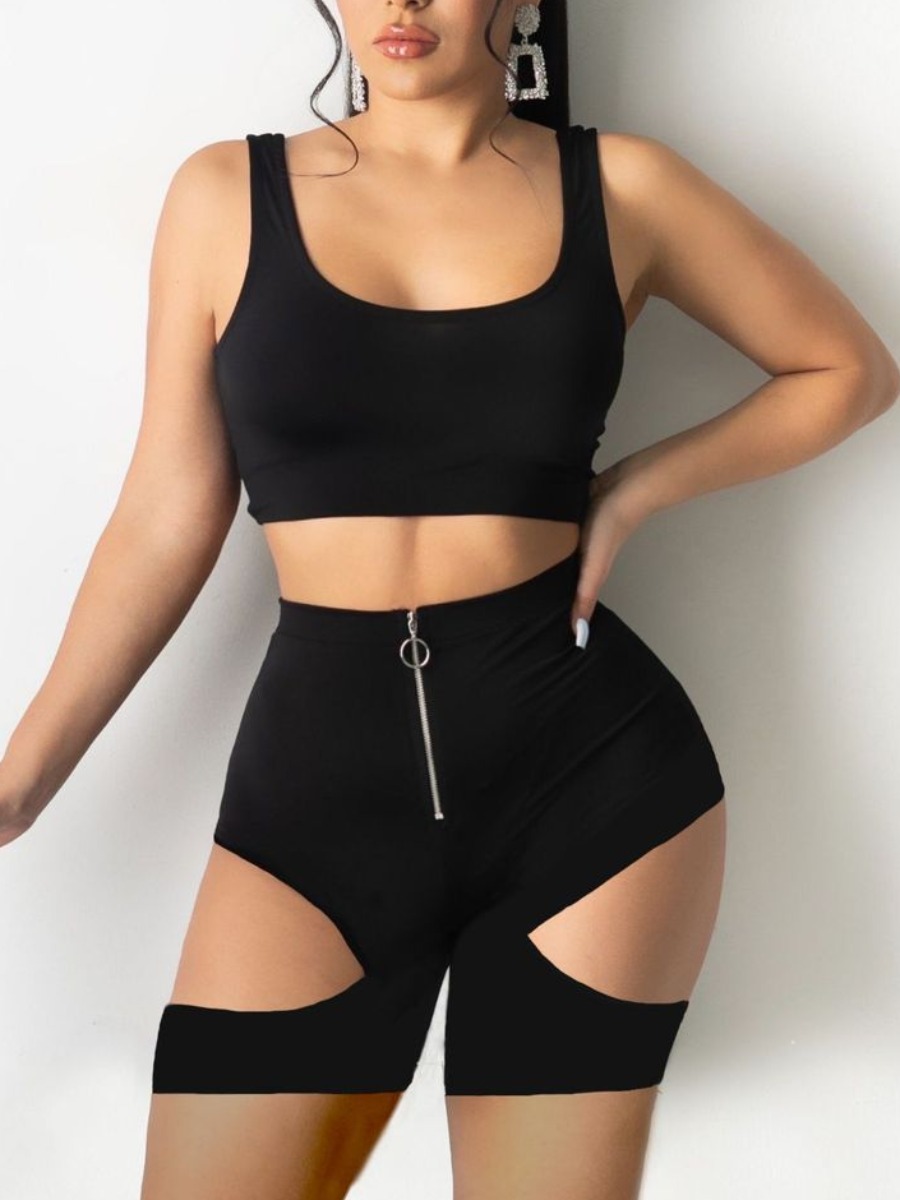 

Lovely Sexy U Neck Hollow-out Black Two Piece Shorts Set