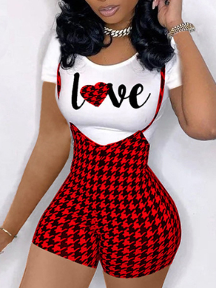 

LW Plaid Letter Print Overall Shorts Set, Red