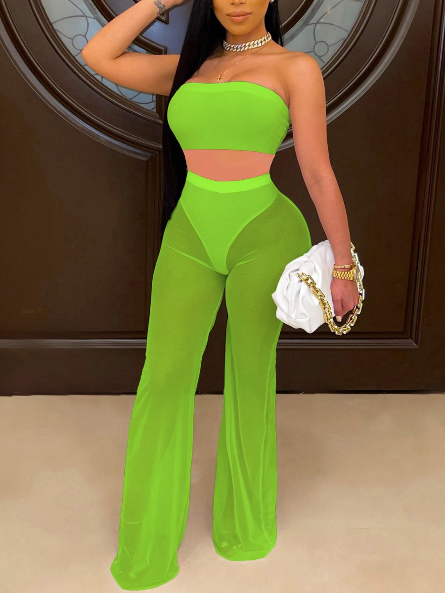 

Lovely Sexy Off The Shoulder See-through Green Two Piece Pants Set