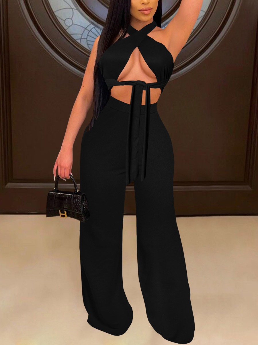 

Lovely Sexy Bandage Hollow-out Design Black Two Piece Pants Set