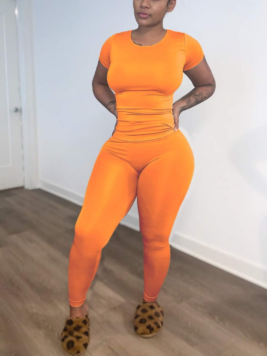 

Lovely Casual O Neck Basic Skinny Croci Two Piece Pants Set