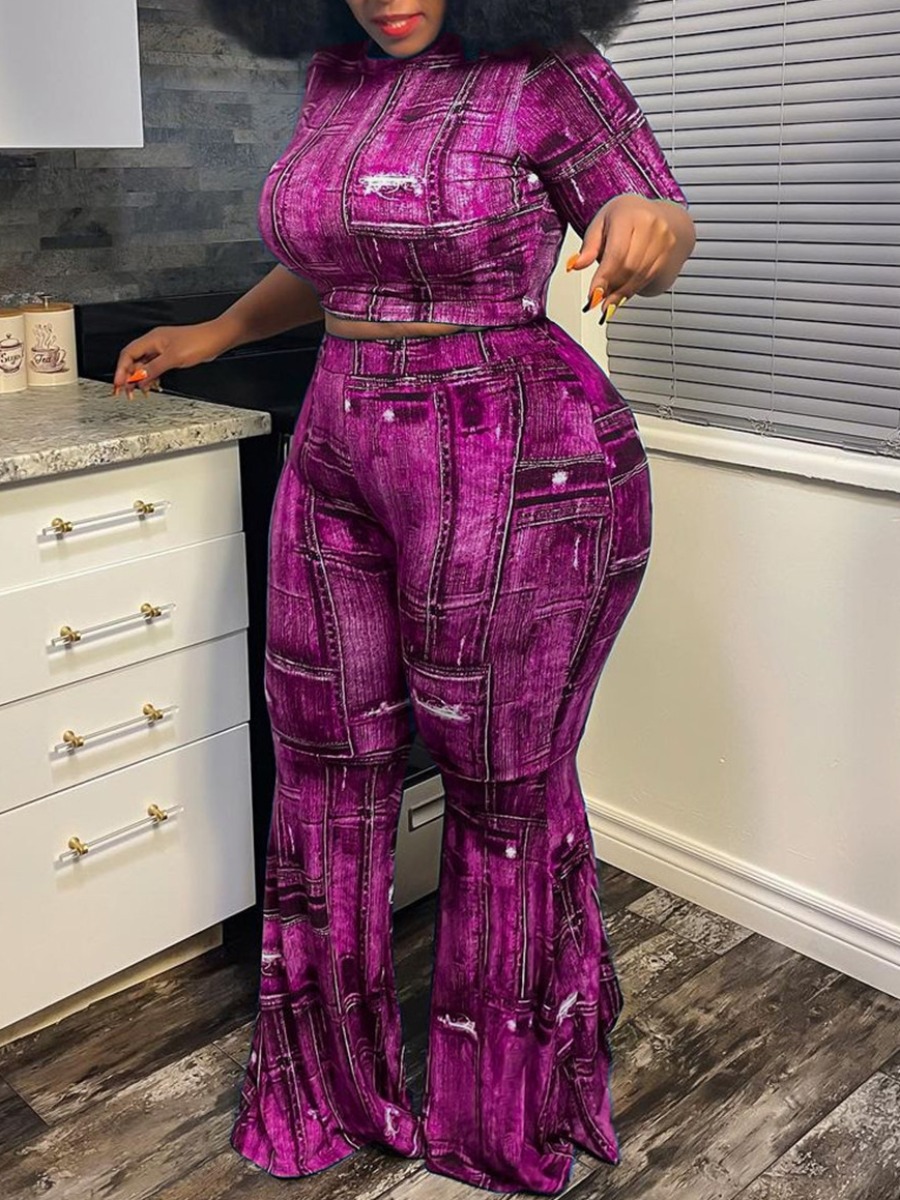 

Lovely Plus Size Street O Neck Flared Purple Two-piece Pants Set