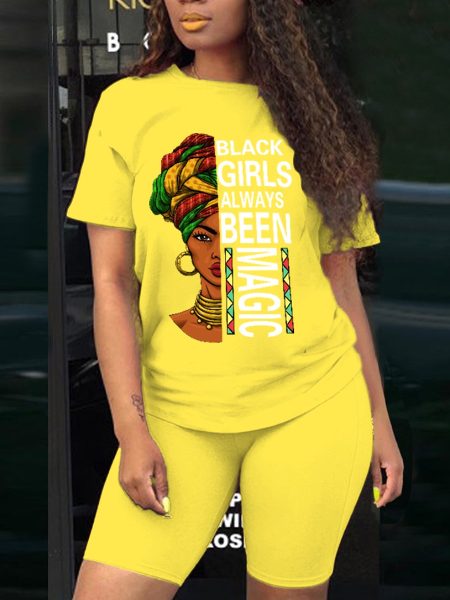 

LW Casual O Neck Letter Print Yellow Two Piece Shorts Set