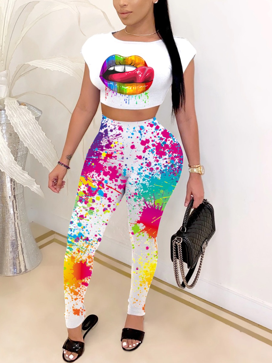 

Lovely Trendy Splash Ink Lip Print White Two Piece Pants Set