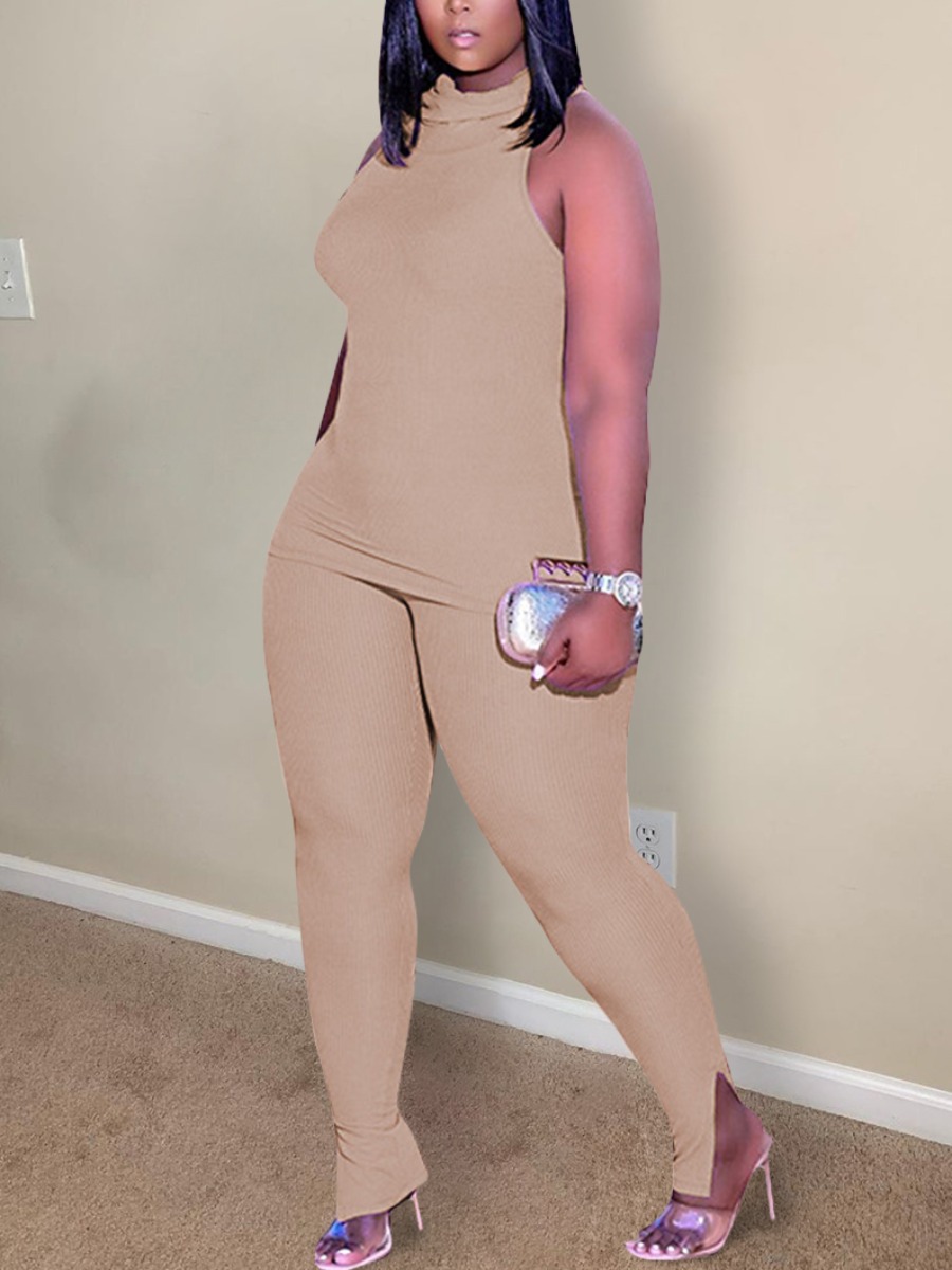 

Lovely Plus Size Street Turtleneck Elastic Khaki Two-piece Pants Set