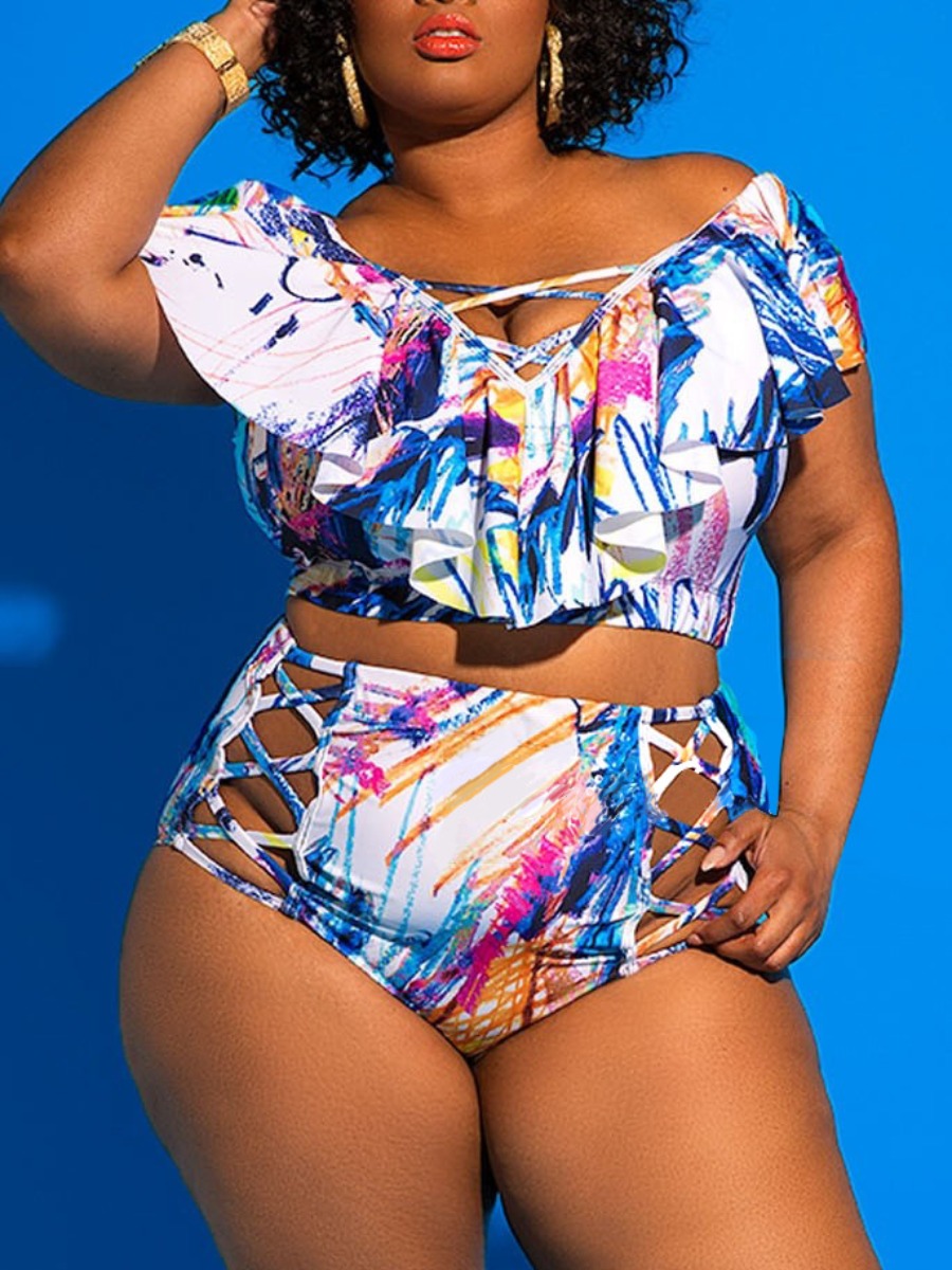 

Lovely Plus Size Boho Flounce Bandage Hollow-out Design Blue Tankini