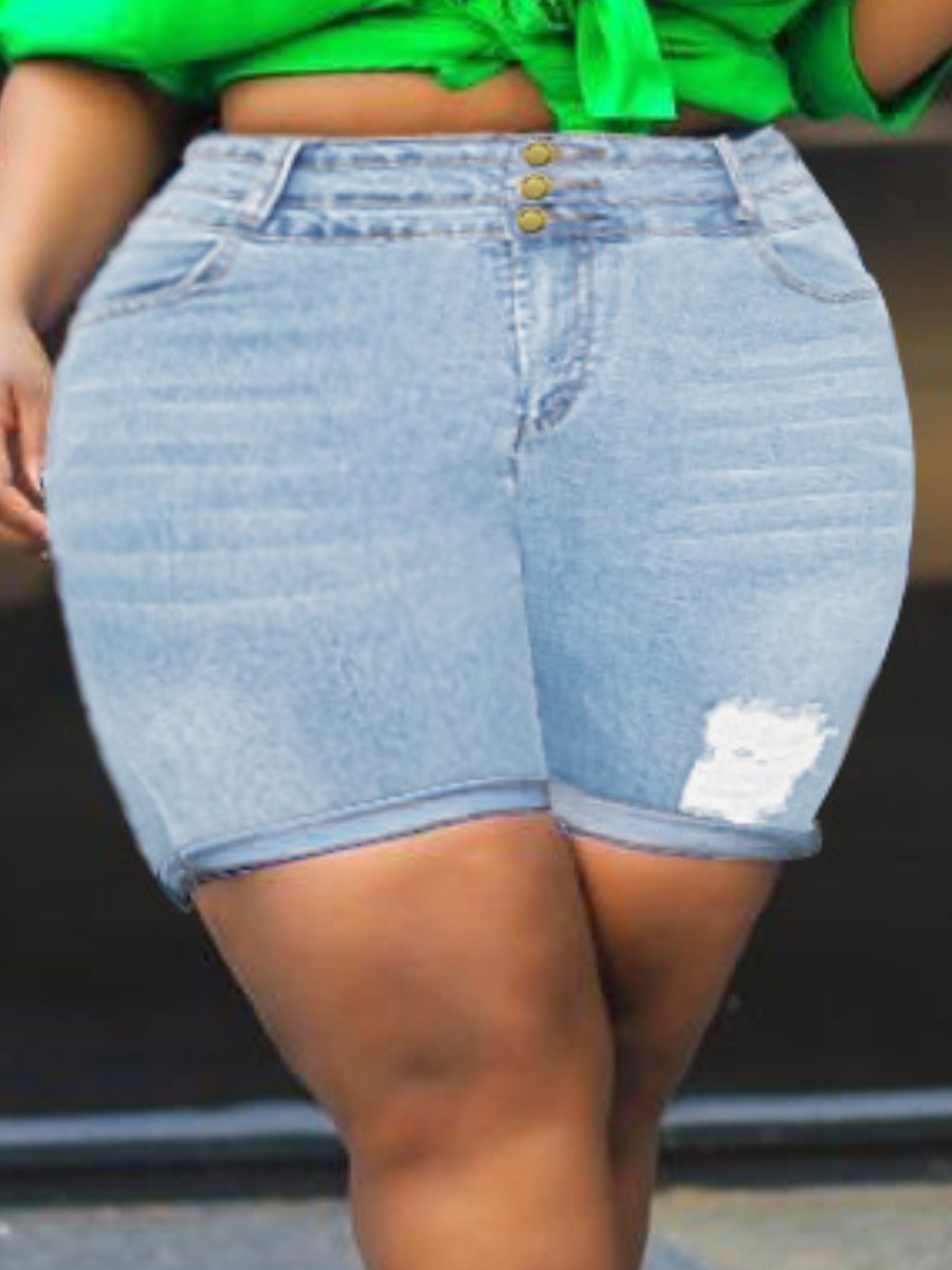 

Lovely Casual High-waisted Ripped Baby Blue Plus Size Denim Shorts