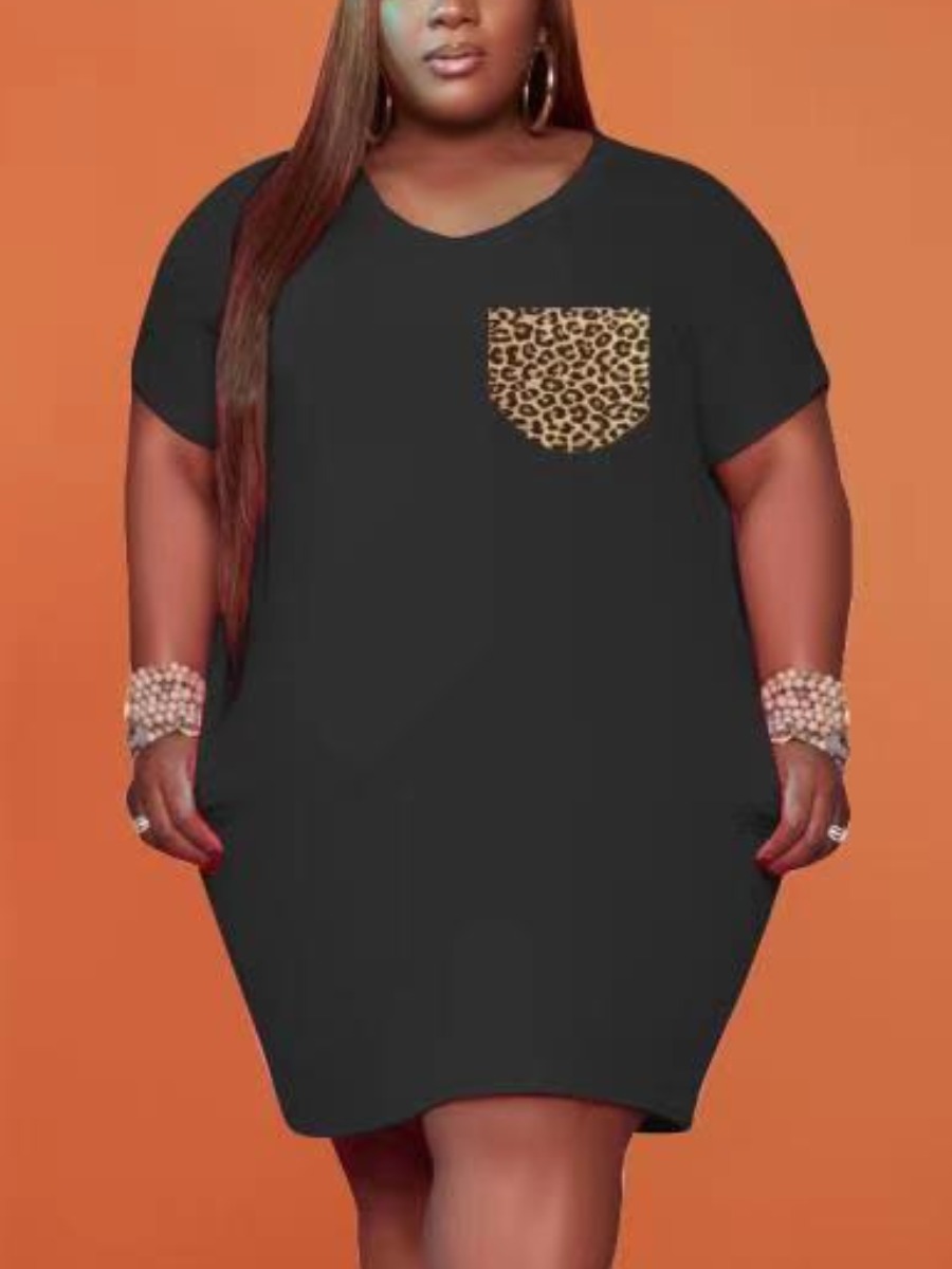 

Lovely Casual V Neck Leopard Print Black Mini Plus Size Dress