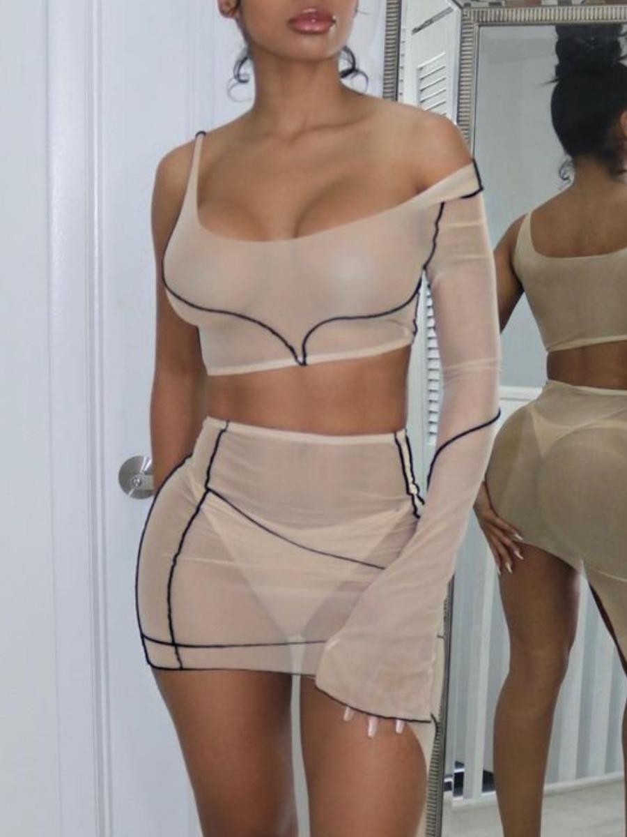 

Lovely Sexy Flared Striped See-through Beige Two Piece Skirt Set