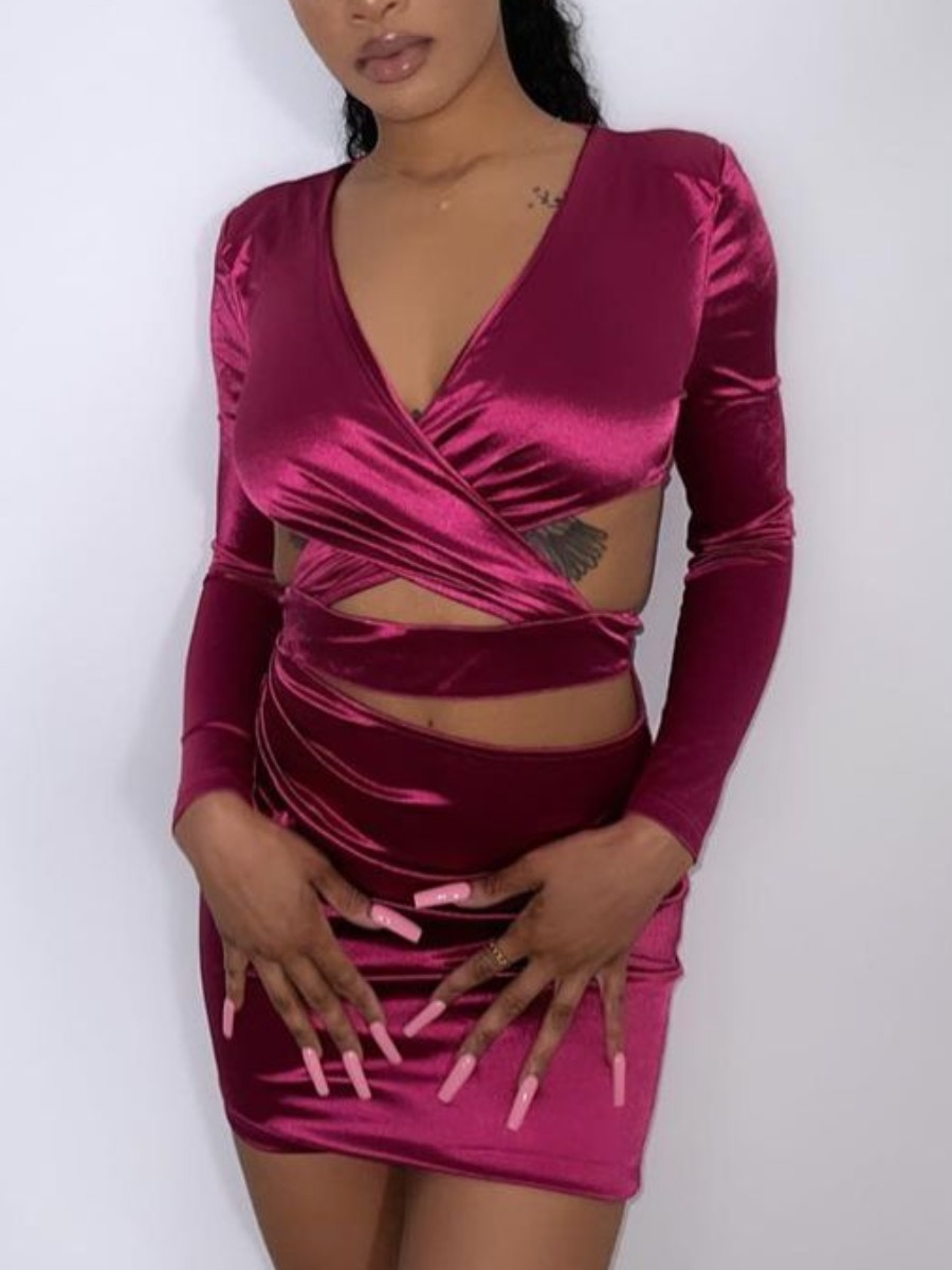 

Lovely Sweet Bandage Hollow-out Design Rose Red Two Piece Skirt Set