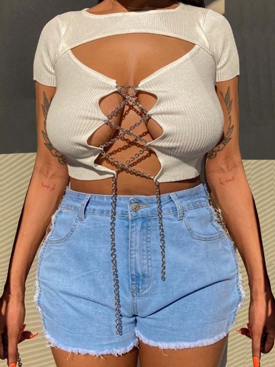 

Lovely Plus Size Sexy Chain Hollow-out Design White T-shirt