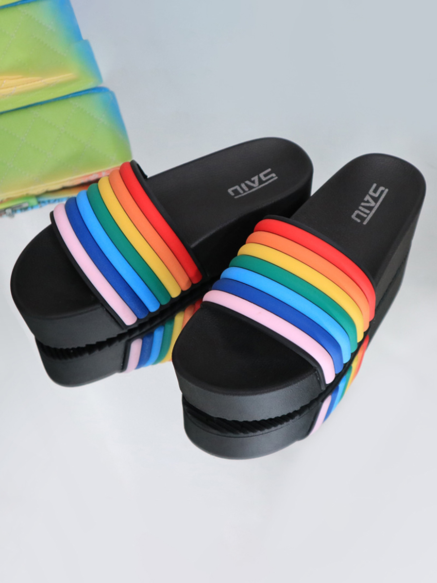 

Lovely Casual Rainbow Stripe Black Platform Shoes