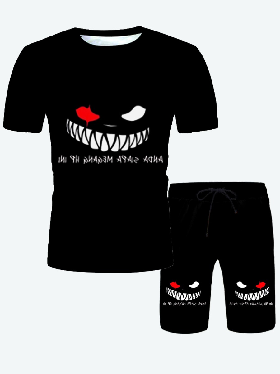 

Lovely Men Casual Graffiti Print Drawstring Black Two Piece Shorts Set