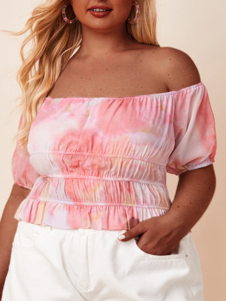

Lovely Sweet Off The Shoulder Tie-dye Ruffle Design Pink Plus Size Blouse