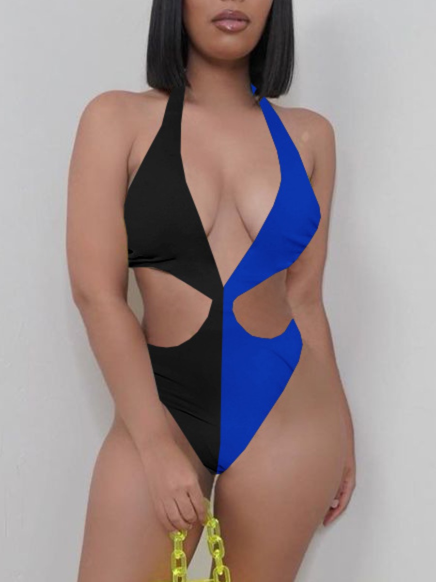 

LW Boho Hollow-out Patchwork Blue One-piece Swimsuit