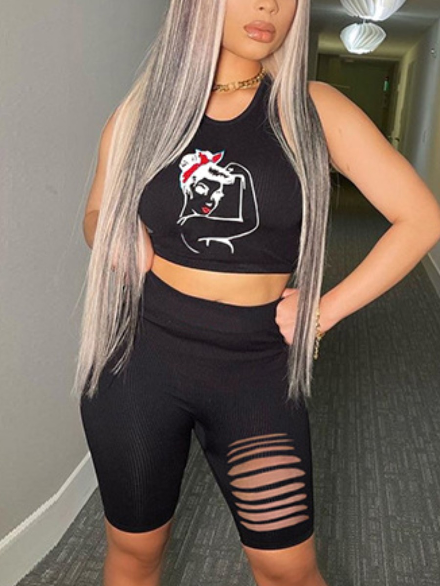 

Lovely Street Graffiti Print Ripped Black Two Piece Shorts Set