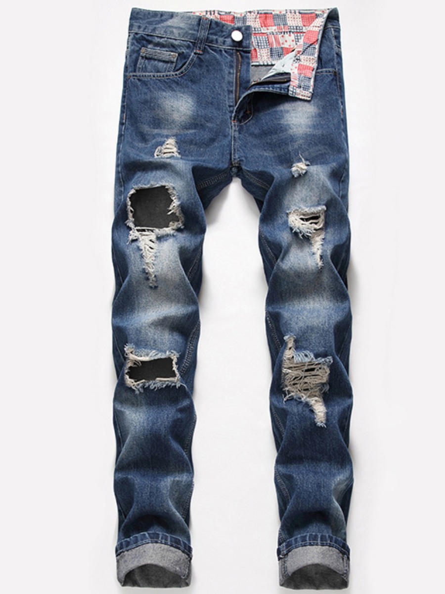 

Lovely Men Street Mid Waist Ripped Blue Jeans