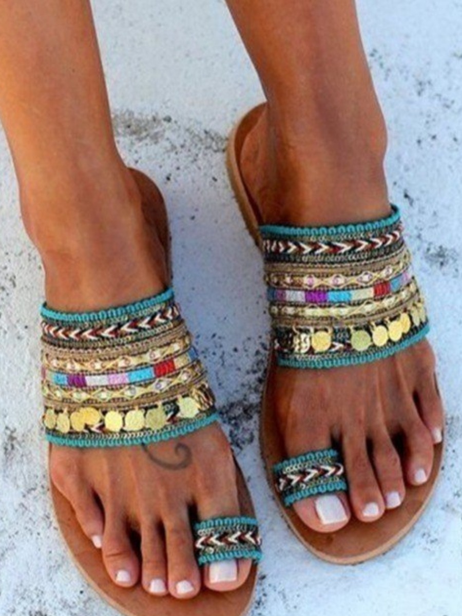 

Lovely Boho Striped Coin Decoration Green Sandals