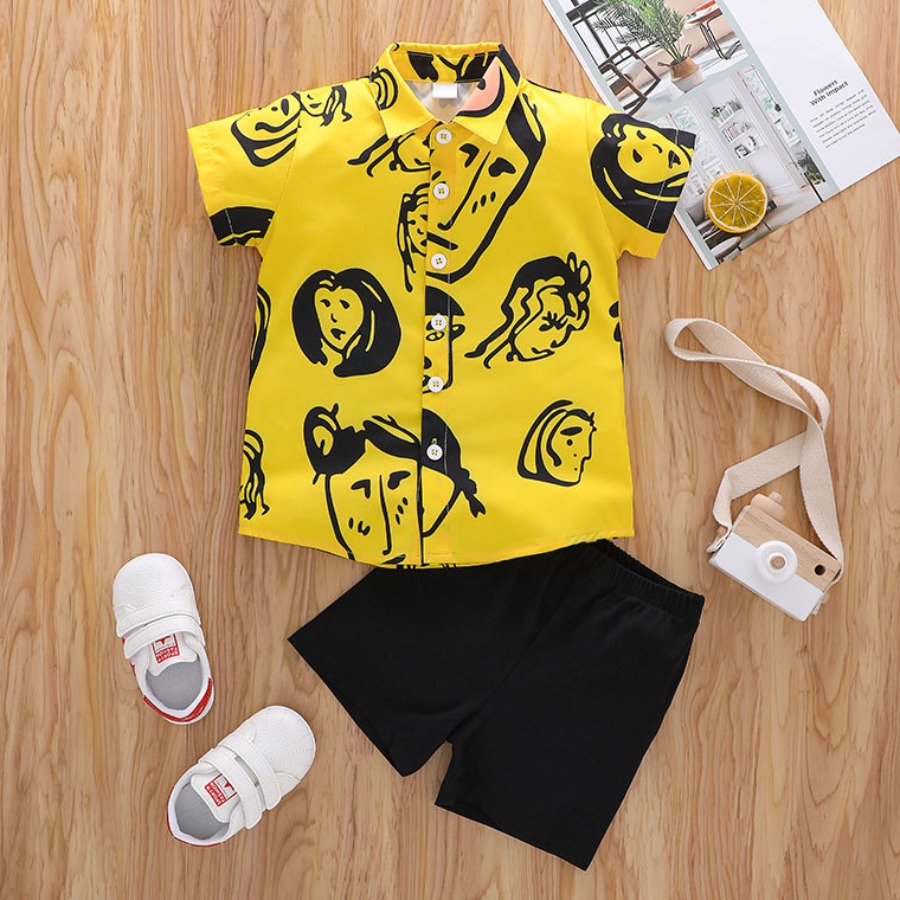 

Lovely Boy Street Graffiti Print Button Design Yellow Two Piece Shorts Set