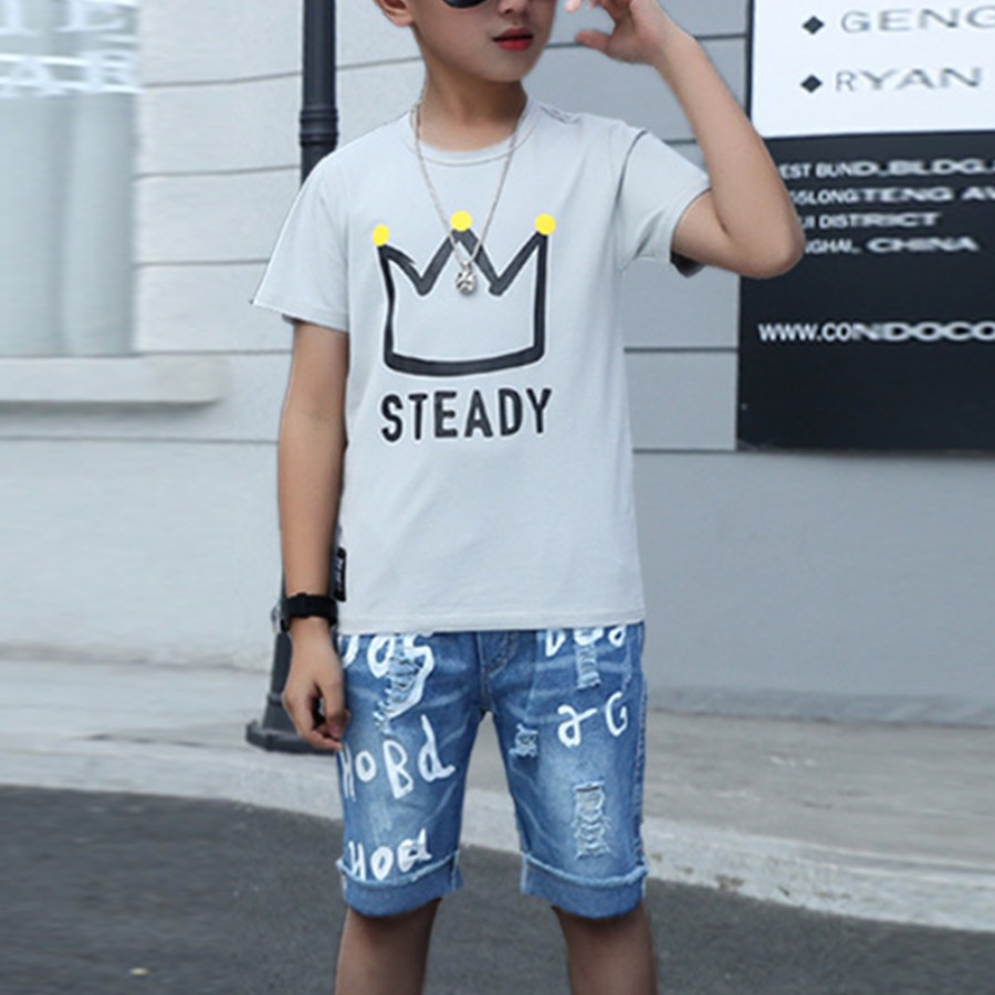 

Lovely Boy Casual Crown Letter Print Ripped Grey Two Piece Shorts Set