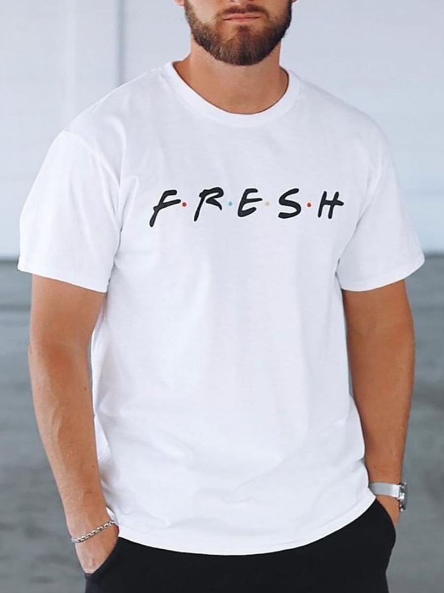 

LW Men Casual O Neck Letter Print White T-shirt