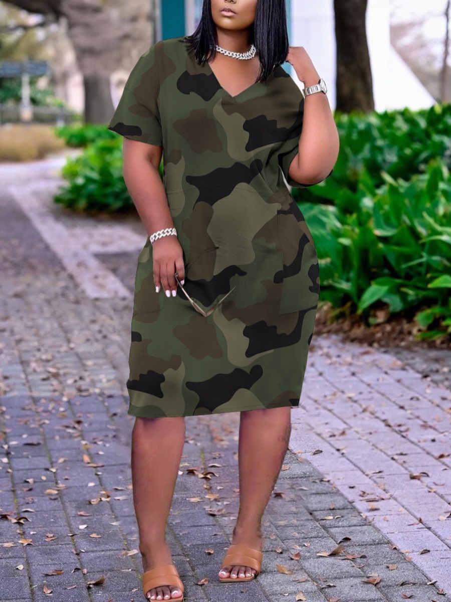 LW Plus Size Casual V Neck Camo Print Green Knee Length Dress