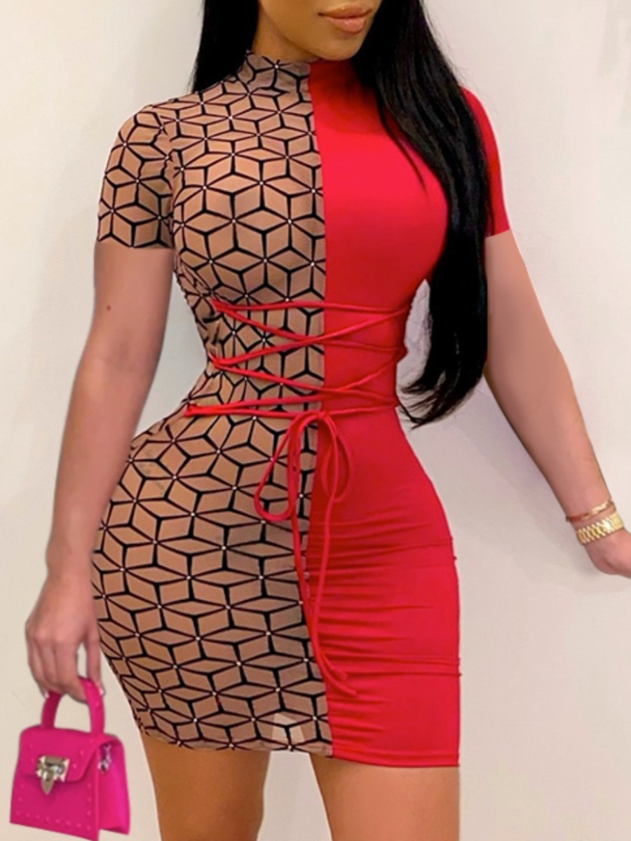 

LW Sweet Geometric Print Bandage Design Red Mini Dress