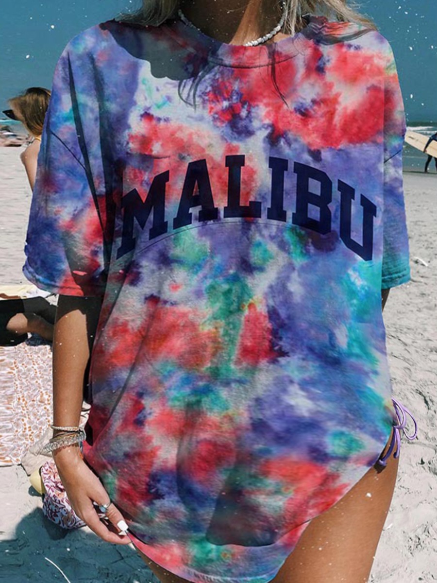 

Lovely Plus Size Street Tie-dye Letter Print Multicolor T-shirt, Multi