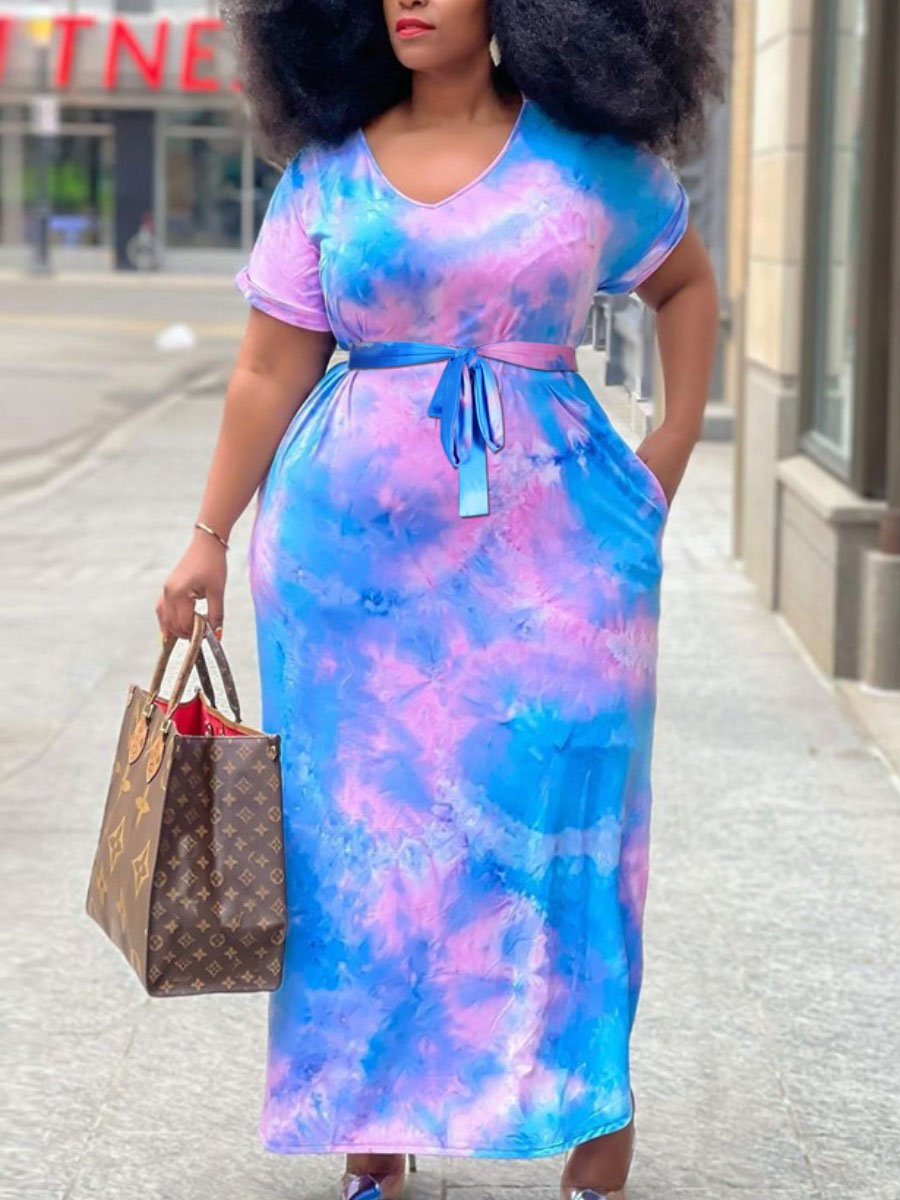 

Lovely Plus Size Casual Tie-dye Bandage Design Blue Ankle Length Dress