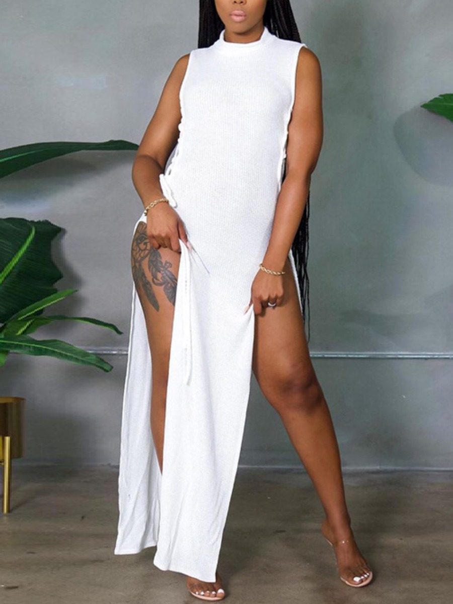

Lovely Casual Bandage Hollow-out Design Split White Ankle Length Dress