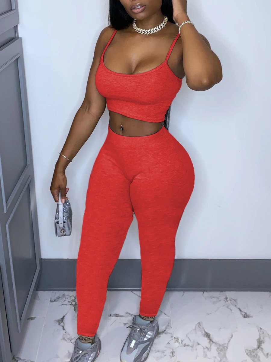 

Lovely Sporty U Neck Elastic Red Yoga Two Piece Pants Set