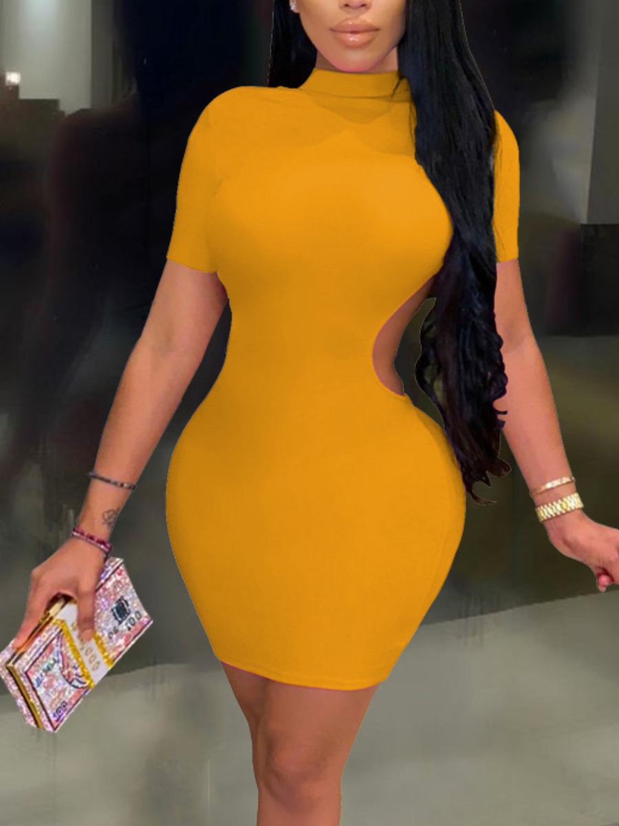 

LW SXY Half A Turtleneck Backless Yellow Mini Dress