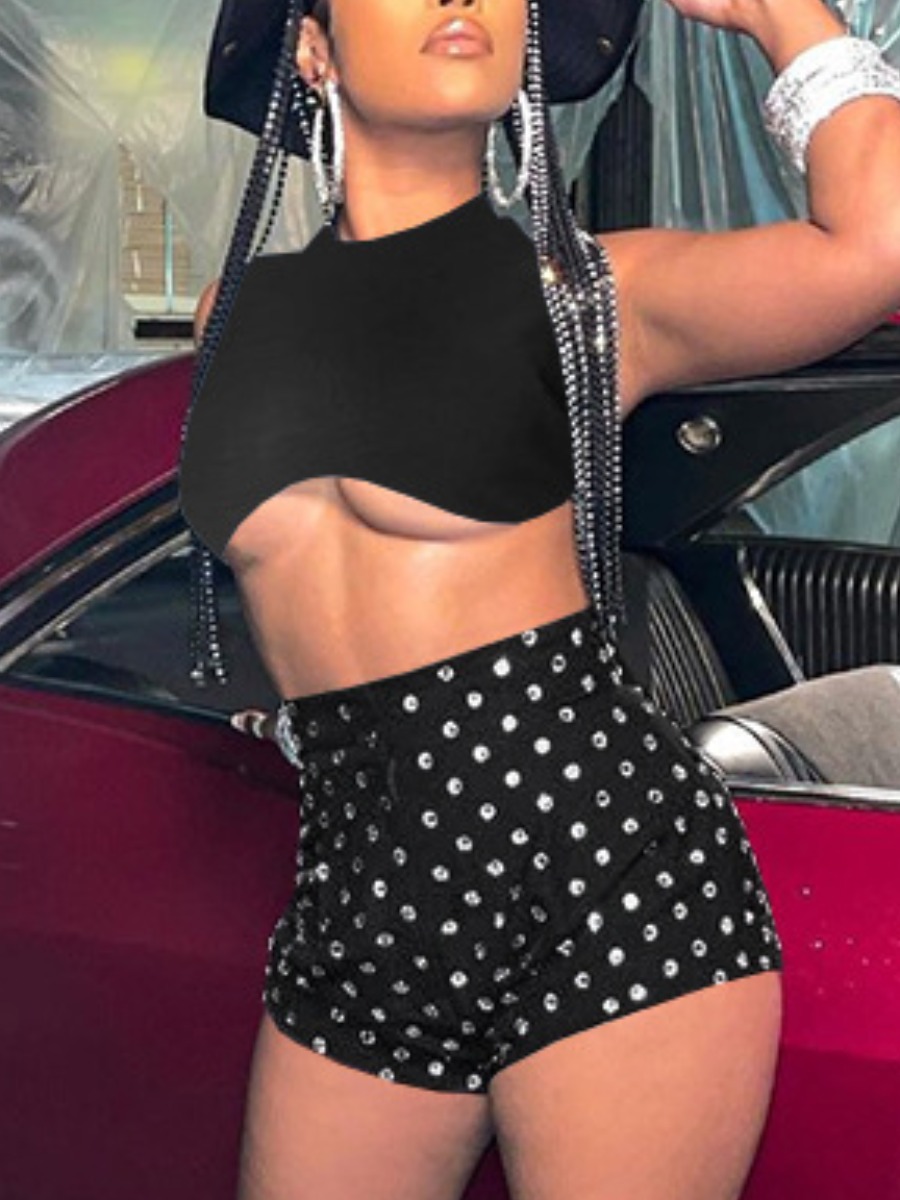 

Lovely Street Dot Print Crop Top Black Two Piece Skirt Set