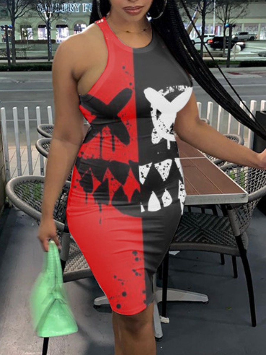 

LW Street Graffiti Print Patchwork Red Knee Length Dress