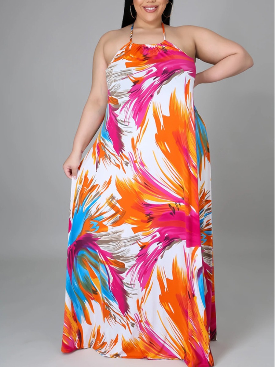 

Lovely Plus Size Boho Print Patchwork Croci Floor Length A Line Dress