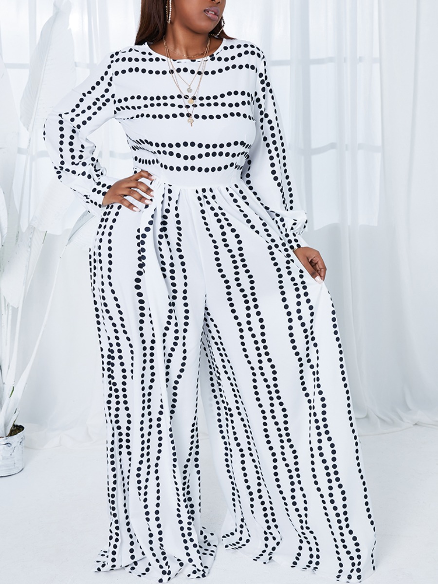 

Lovely Plus Size Boho O Neck Dot Print Loose White One-piece Jumpsuit