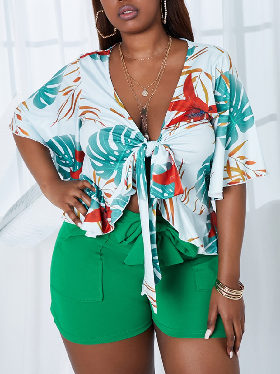 

Lovely Boho Floral Print Bandage Design Green Two Piece Shorts Set