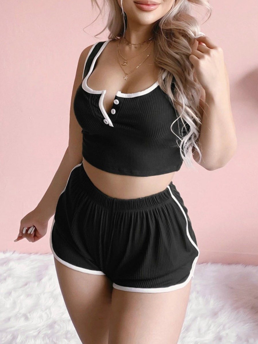 

Lovely Sporty Rib-Knit Striped Black Sleepwear