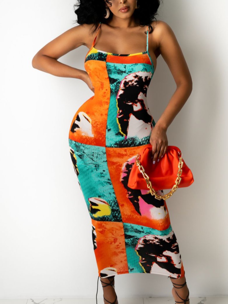 

LW Street Graffiti Print Backless Multicolor Mid Calf Dress, Multi
