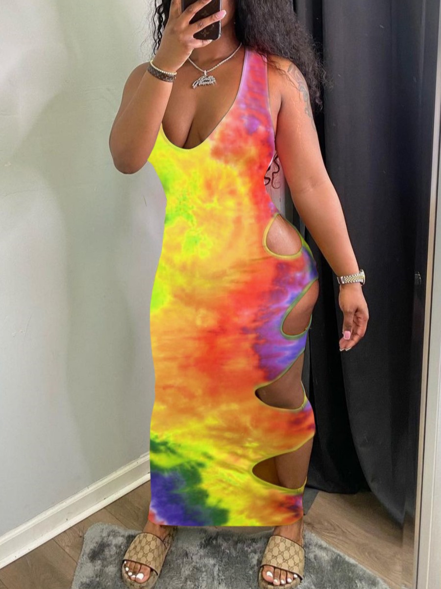 

LW Casual U Neck Tie-dye Hollow-out Yellow Ankle Length Dress