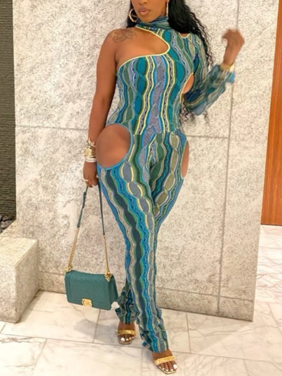 

Lovely Casual Geometric Print Hollow-out Acid Blue One-piece Jumpsuit