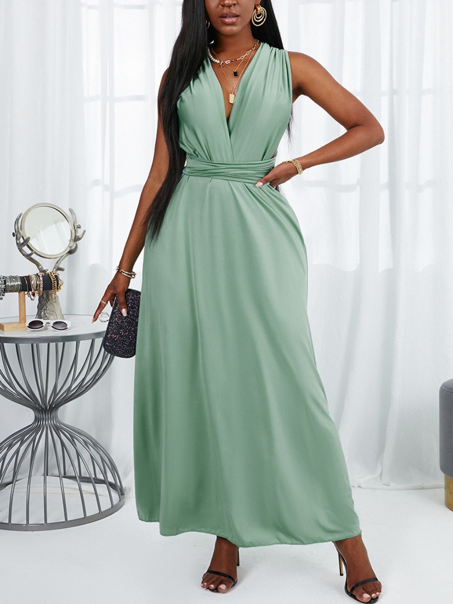 

Lovely Elegant V Neck Bandage Design Green Ankle Length Dress