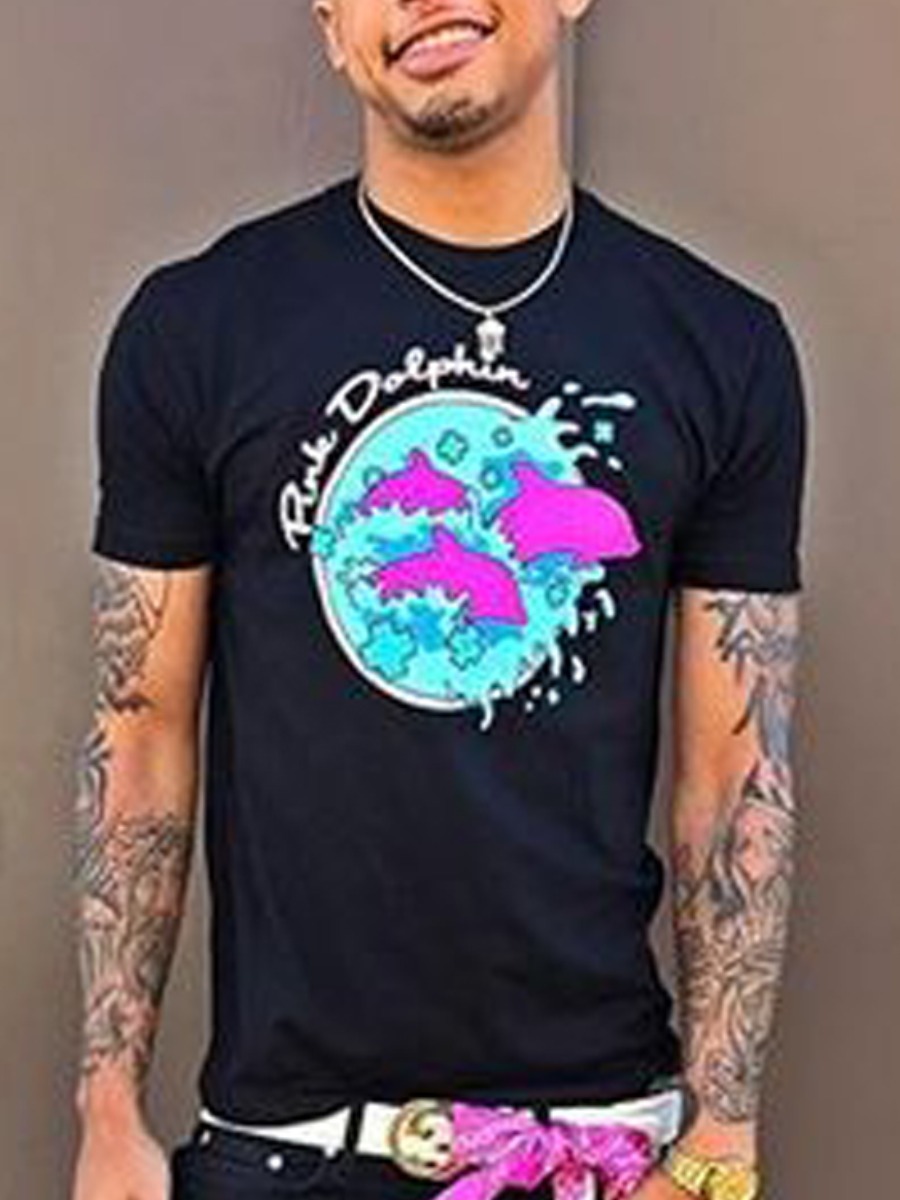 

Lovely Men Casual Fish Letter Print Black T-shirt