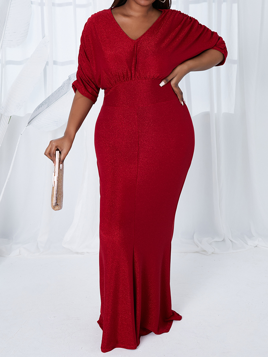 

Lovely Plus Size Elegant V Neck Ruched Red Floor Length Dress