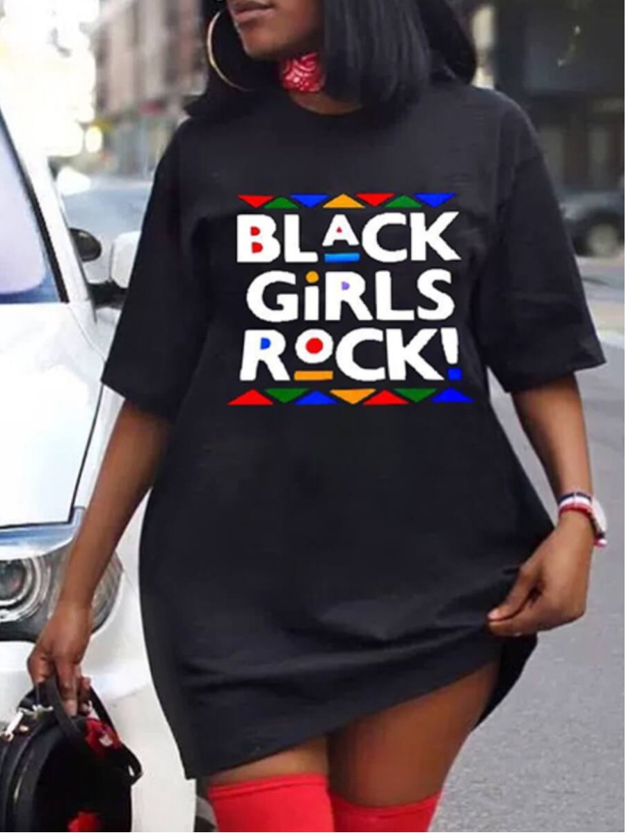 

Lovely Casual O Neck Geometric Letter Print Black Mini Dress