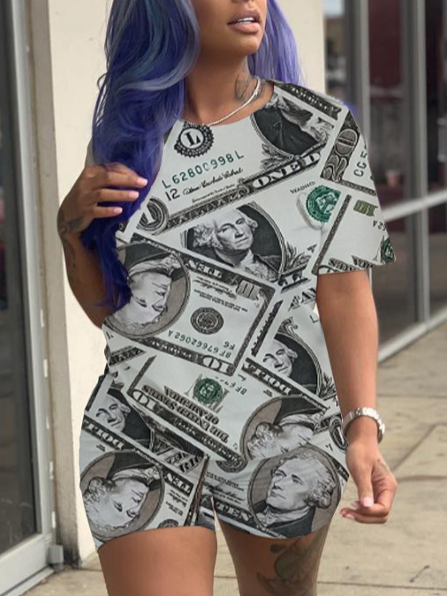 

Lovely Street Money Letter Print White Two Piece Shorts Set
